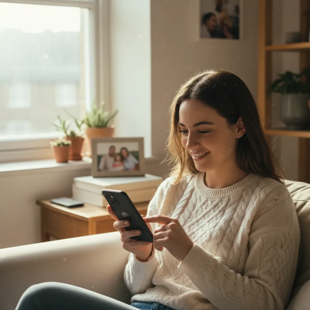 Woman uses mobile phone to send money internationally